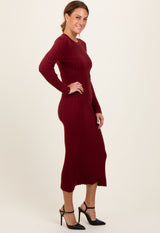 Burgundy Ribbed Knit Fitted Midi Sweater Dress