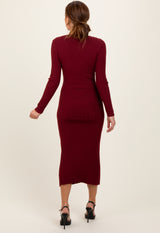 Burgundy Ribbed Knit Fitted Midi Sweater Dress