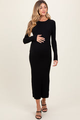 Black Ribbed Knit Fitted Maternity Midi Sweater Dress