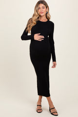 Black Ribbed Knit Fitted Maternity Midi Sweater Dress