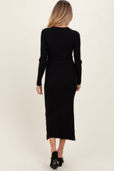 Black Ribbed Knit Fitted Maternity Midi Sweater Dress