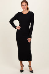 Black Ribbed Knit Fitted Midi Sweater Dress