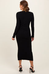 Black Ribbed Knit Fitted Midi Sweater Dress