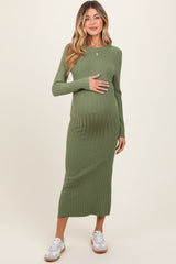 Olive Ribbed Knit Fitted Maternity Midi Sweater Dress