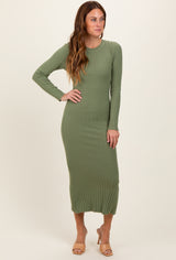 Olive Ribbed Knit Fitted Maternity Midi Sweater Dress