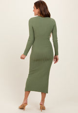 Olive Ribbed Knit Fitted Midi Sweater Dress