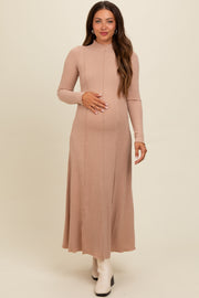 Beige Ribbed Exposed Seam Mock Neck Maternity Dress