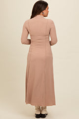 Beige Ribbed Exposed Seam Mock Neck Maternity Dress