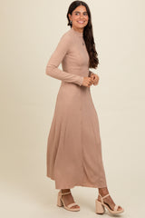 Beige Ribbed Exposed Seam Mock Neck Dress