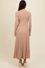 Beige Ribbed Exposed Seam Mock Neck Dress