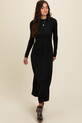 Black  Ribbed Exposed Seam Mock Neck Dress