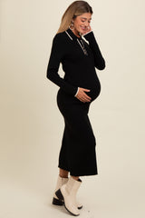 Black Ribbed Contrast Trim Polo Maternity Midi Sweater Dress