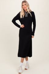 Black Ribbed Contrast Trim Polo Midi Sweater Dress