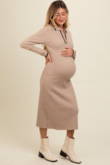 Beige Ribbed Contrast Trim Polo Maternity Midi Sweater Dress