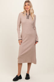 Beige Ribbed Contrast Trim Polo Midi Sweater Dress