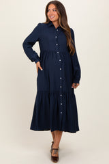 Navy Button Down Long Sleeve Maternity Midi Shirt Dress