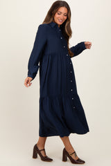 Navy Button Down Long Sleeve Maternity Midi Shirt Dress