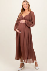 Mocha Chiffon Twisted Front Maternity Midi Dress