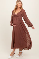 Mocha Chiffon Twisted Front Maternity Midi Dress