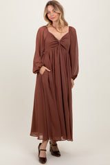 Mocha Chiffon Twisted Front Maternity Midi Dress