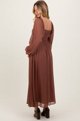 Mocha Chiffon Twisted Front Midi Dress