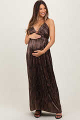 Brown Metallic Deep V-Neck Cutout Tie Back Maternity Maxi Dress