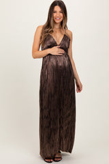 Brown Metallic Deep V-Neck Cutout Tie Back Maternity Maxi Dress