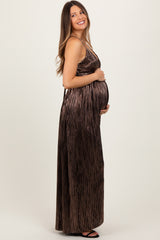 Brown Metallic Deep V-Neck Cutout Tie Back Maternity Maxi Dress