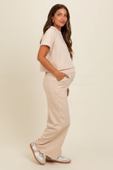 Beige Basic Tee And Wide Leg Pant Maternity Set