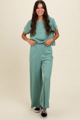 Light Olive Basic Tee And Wide Leg Pant Set