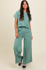 Light Olive Basic Tee And Wide Leg Pant Maternity Set