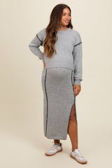 Heather Grey Contrast Stitch Knit Sweater And Maxi Skirt Maternity Set