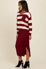 Burgundy Striped Sweater And Fitted Midi Skirt Set