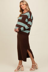 Brown Striped Sweater And Fitted Midi Skirt Maternity Set