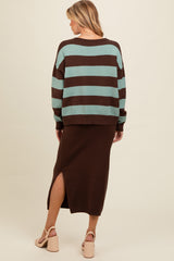 Brown Striped Sweater And Fitted Midi Skirt Maternity Set