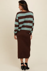 Brown Striped Sweater And Fitted Midi Skirt Set