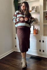 Brown Striped Sweater And Fitted Midi Skirt Maternity Set