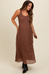 Mocha Textured Smocked Bodice Sleeveless Maternity Maxi Dress