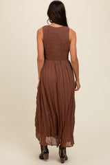 Mocha Textured Smocked Bodice Sleeveless Maxi Dress