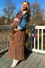 Mocha Textured Smocked Bodice Sleeveless Maternity Maxi Dress