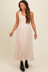 Cream Textured Smocked Bodice Sleeveless Maternity Maxi Dress