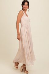 Cream Textured Smocked Bodice Sleeveless Maternity Maxi Dress