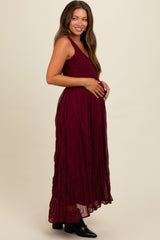 Burgundy Textured Smocked Bodice Sleeveless Maternity Maxi Dress