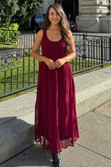 Burgundy Textured Smocked Bodice Sleeveless Maternity Maxi Dress