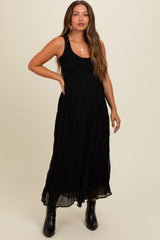 Black Textured Smocked Bodice Sleeveless Maternity Maxi Dress