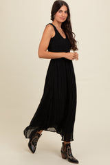 Black Textured Smocked Bodice Sleeveless Maxi Dress