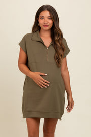 Olive Knit Half Zip Maternity Mini Dress