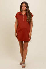 Rust Knit Half Zip Maternity Mini Dress