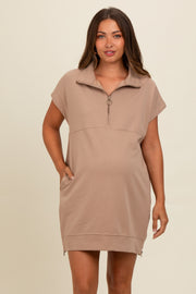 Light Mocha Knit Half Zip Maternity Mini Dress