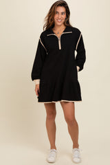 Black Half Zip Ruffle Drop Hem Mini Dress